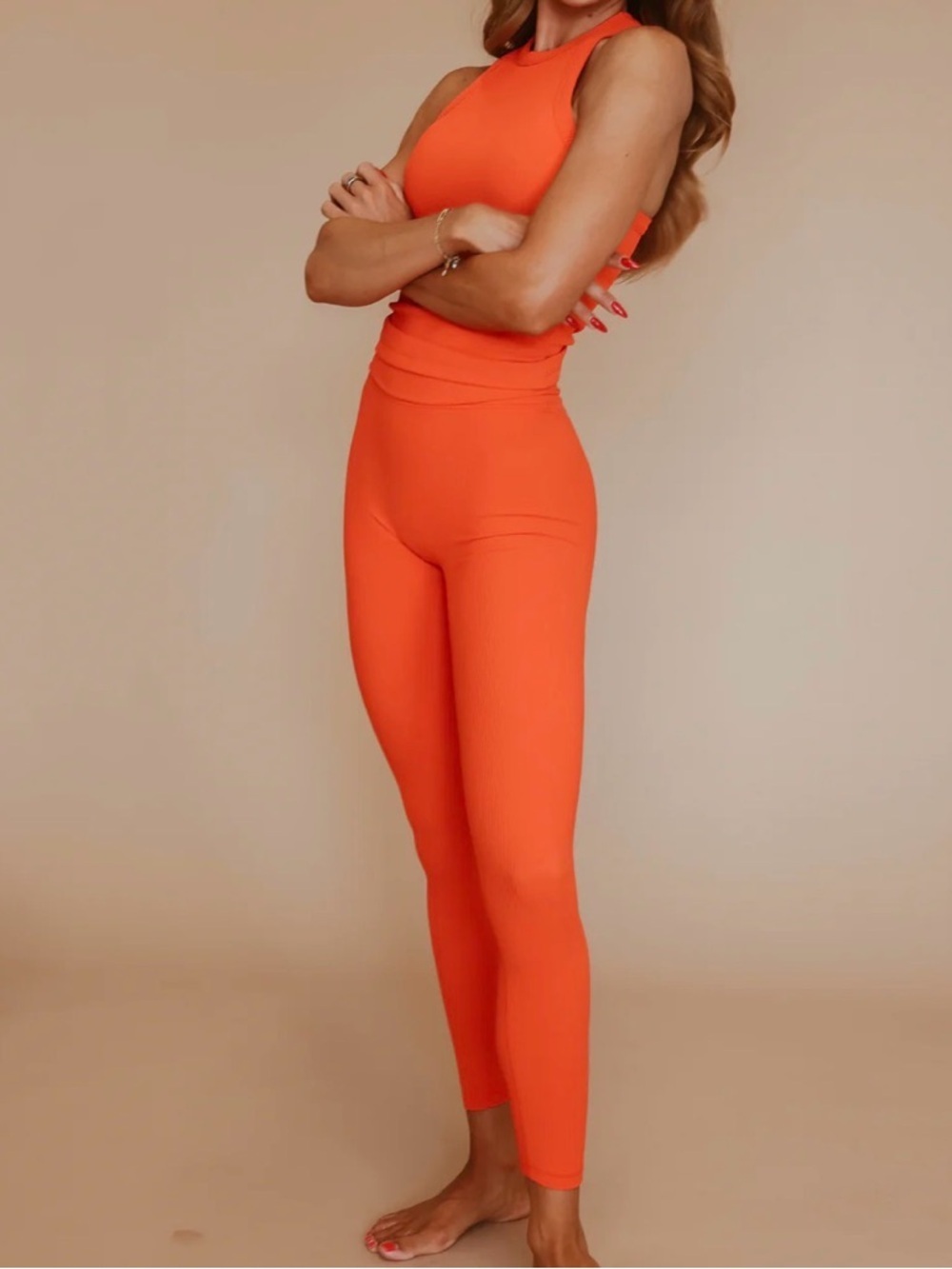 Cara Loren high rise Ribbed Leggings - tangerine tango New Mo front seam Fitness